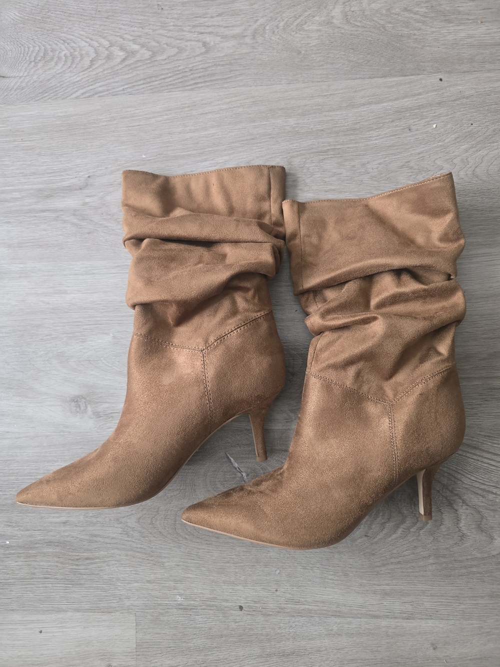 Nine West Tan Slouchy Pointed Toe Kitten Heel Boots